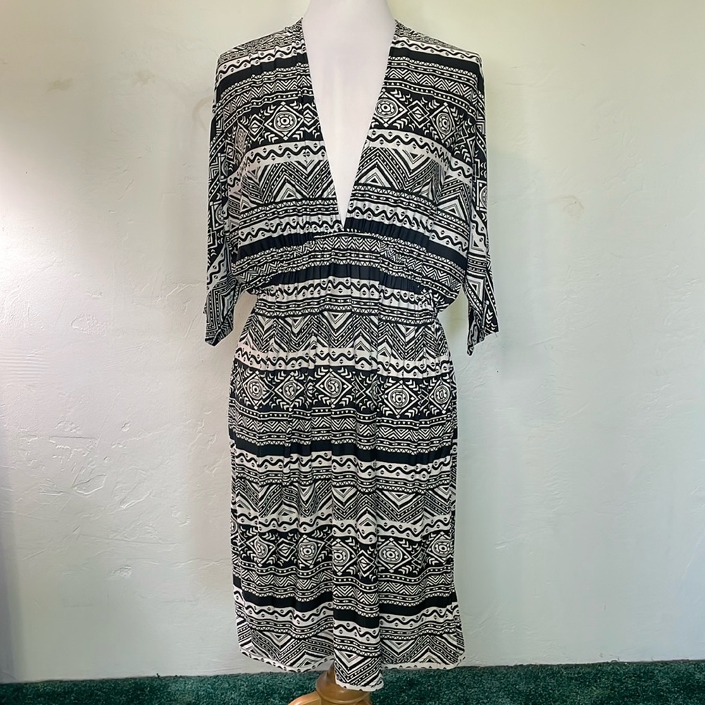 RELAXX by Exist Dolman Sleeve Deep V Neck Black White Full Skirt Dress